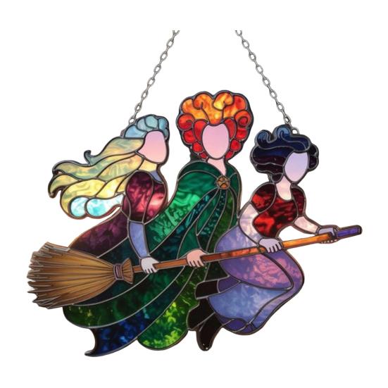 Halloweenský Suncatcher Čarodějnice 3 Čarodějnice Létající na Koštěti Vitrážový Suncatcher Akrylová Závěsná Dekorace na Okno pro Dveře Nástěnná Dekorace