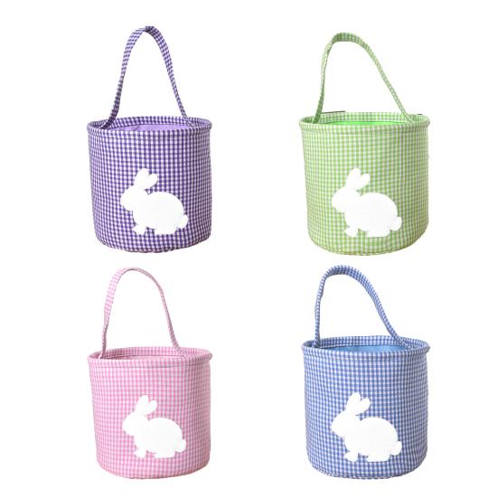 Easter Bunny Basket Plaid Gingham Easter Bucket with Handle Cute Egg Hunting Tote Bag for Candy Gifts Storage Party Supplies
