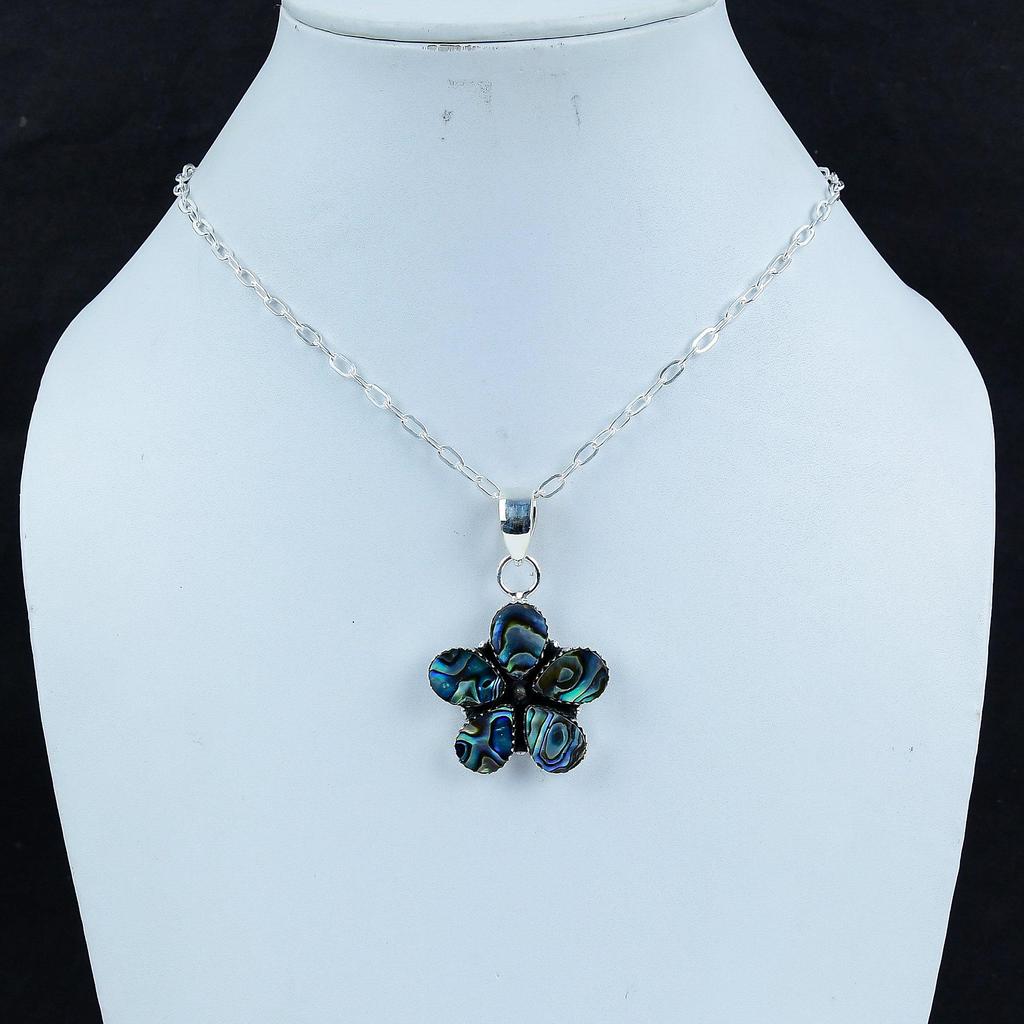 Natural Abalone Shell Gemstone Silver Pendant In 925 Sterling Silver - Handmade Flower Design, Everyday Wear Jewelry Wadding Gift
