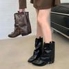 Thick Heel Pointed Pants Boots Fried Street Short Boots Women's Shoes Spring and Autumn New Summer Brown Western Cowboy Boots