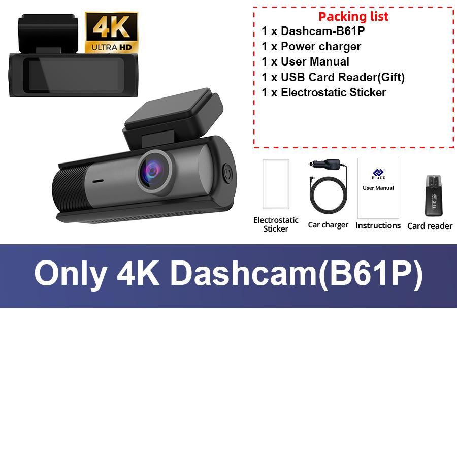 

E-ACE 3-дюймовый видеорегистратор 4K Автомобильный видеорегистратор с двумя объективами Встроенный WIFI GPS Поддержка задней камеры заднего вида 1080P Круглосуточный режим парковки Черный ящик NO TF Card