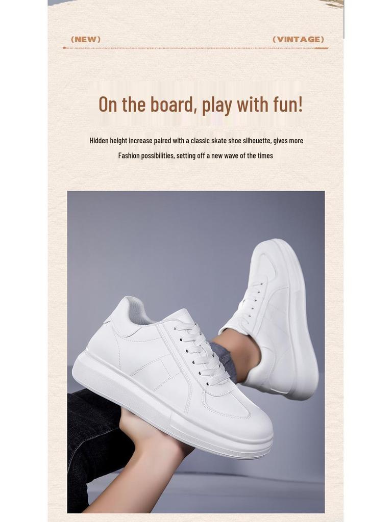 Męskie niewidoczne trampki podwyższające – podeszwa o grubości 8 cm, białe, codzienne buty do jazdy na deskorolce, okrągły nosek