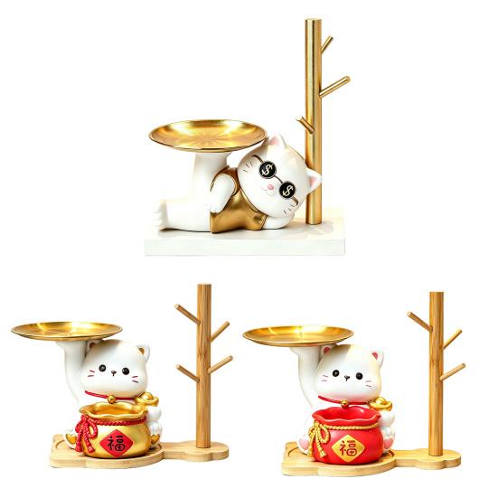 Lucky Cat Key Holder Tray for Entryway Table Resin Fortune Cat