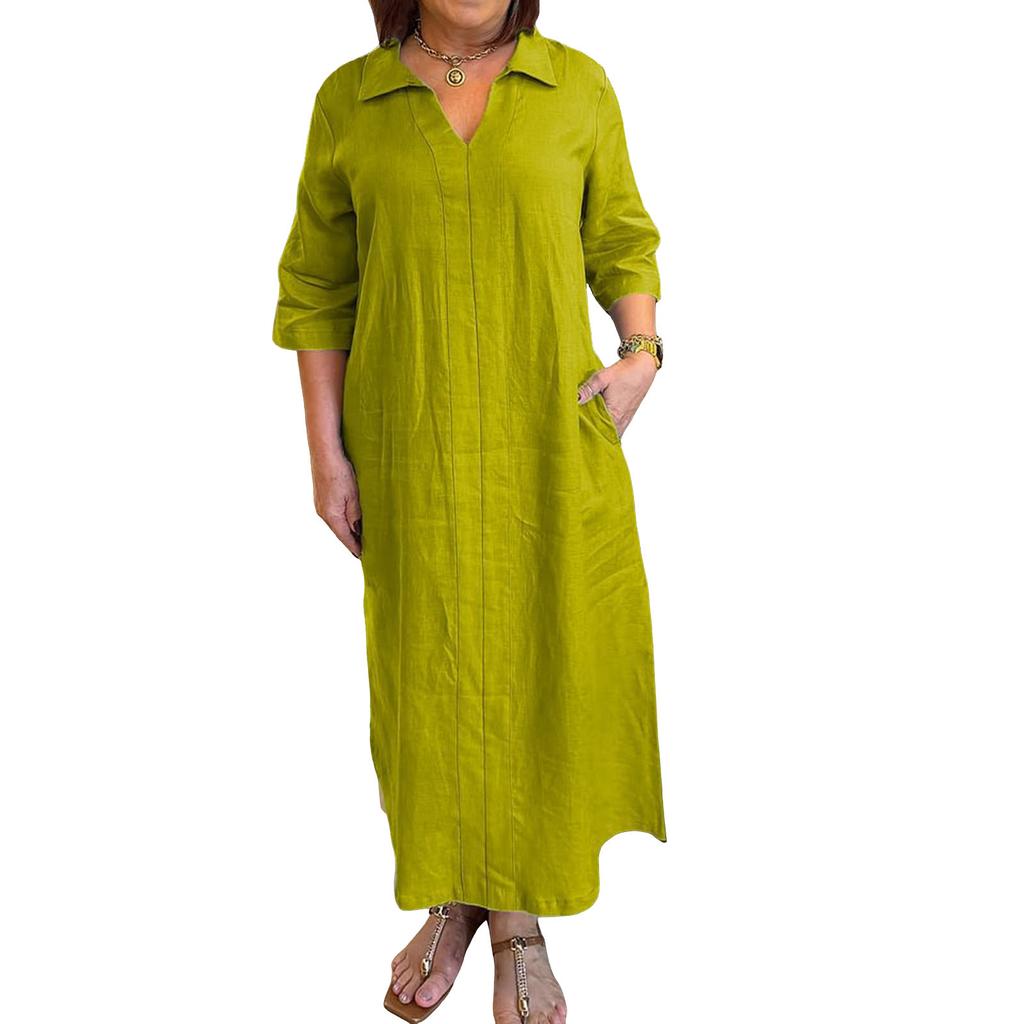 Women's Fashionable Loose-Fit V-Neck Casual Cotton-Linen Blend Shirt Dress