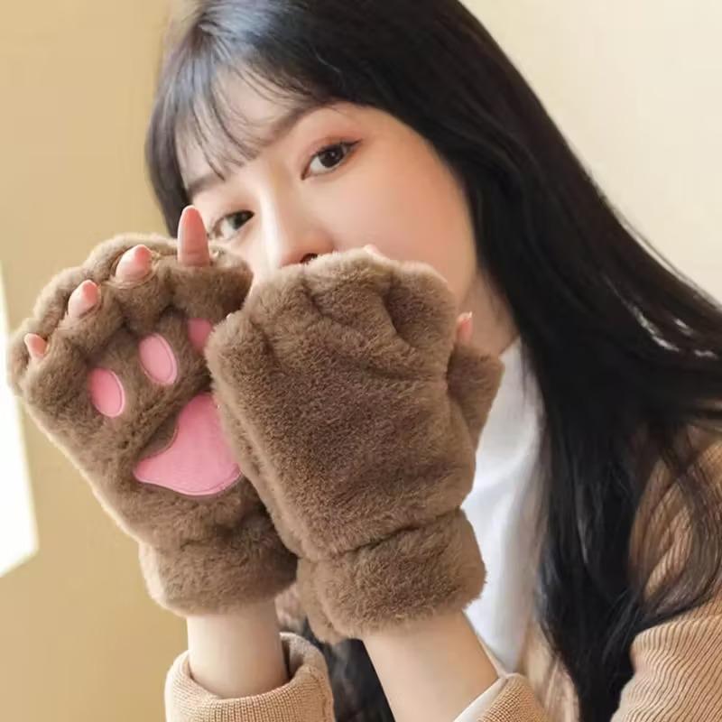 Cute Cat Paw Gloves for Women Fall Winter Warm Fleece Half-Finger GlovesThickened Fingerless for WritingCold Weather Protection