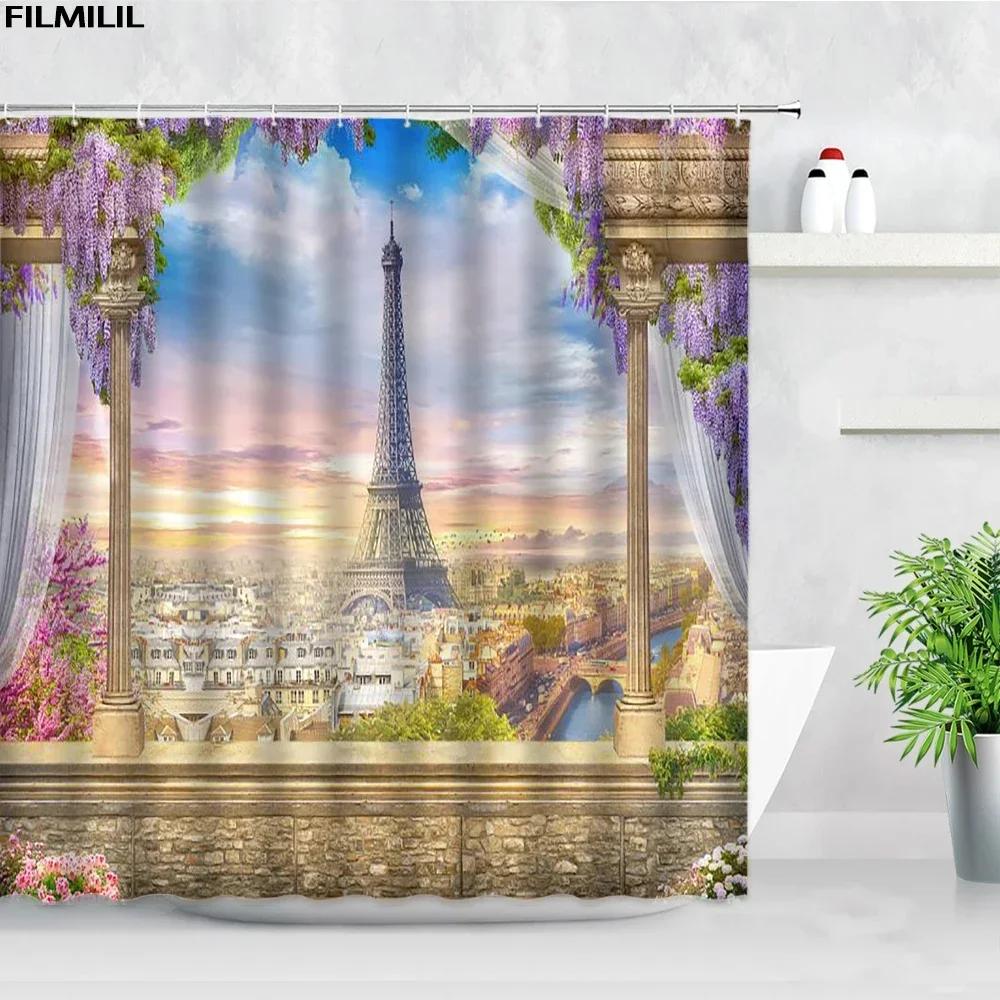 London Street View Shower Curtains Big Ben Red phone Booth Bus Printing Retro Wall Decor Cloth Screen Hooks Bathroom Curtain Set