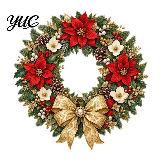 Creative Holiday Gifts Christmas Wreath Window Decals, Removable Stickers with Pine Cone Decorative PVC Wall Bow Berry Poinsettia, Waterproof
