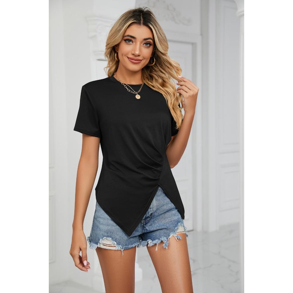 Summer Solid Color Loose Crew Neck Ruched Women's T-shirt Top for Amazon European American Cross-border Foreign Trade