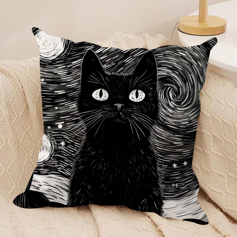 Black Cat Night Cool Cushion Cover Silky Short Plush Invisible Zipper Dustproof Sofa Pillow Case For Home Decor
