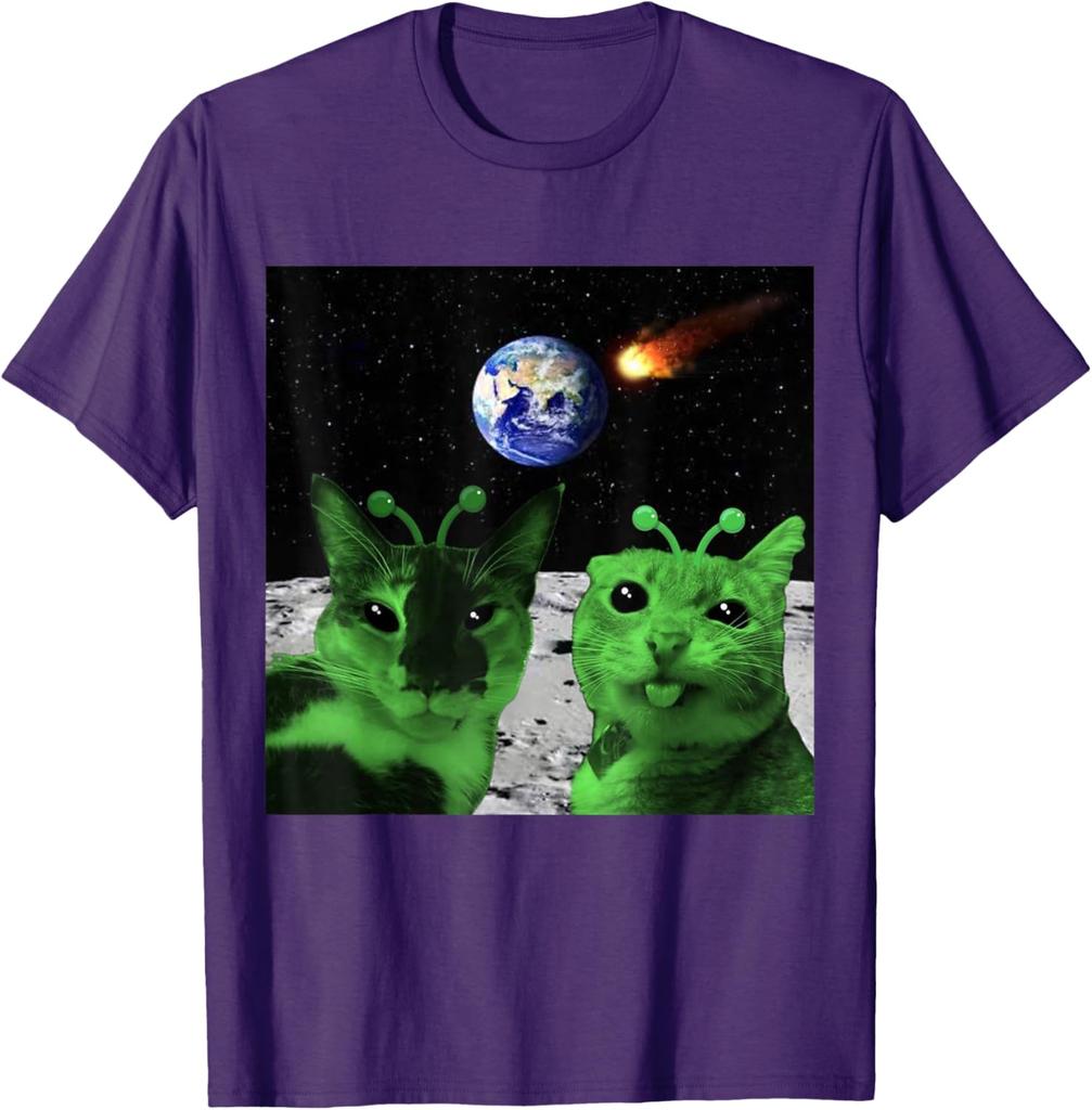 Alien Cats Moon Meteor Earth Invasion Graphic Tee Men's Casual Cotton T-Shirt