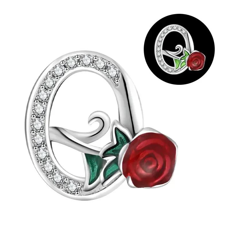 Copper 26 Letter A-Z Red Rose Charms Luminous Bead Fits Genuine Bracelets Do-It-Yourself Beautiful Jewellery Beautiful Gift For Women