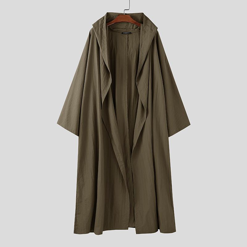 

INCERUN Мужской удлиненный кардиган с длинным рукавом, с оборками, повседневный, с открытой передней частью, с капюшоном XL хаки