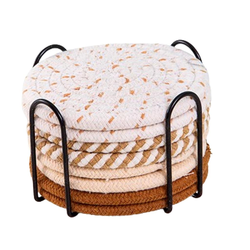 8x Drink Coasters with Holder for All Cups Woven Coasters for Home Decor Desk Dining Room Living Room Housewarming Hostess Gifts