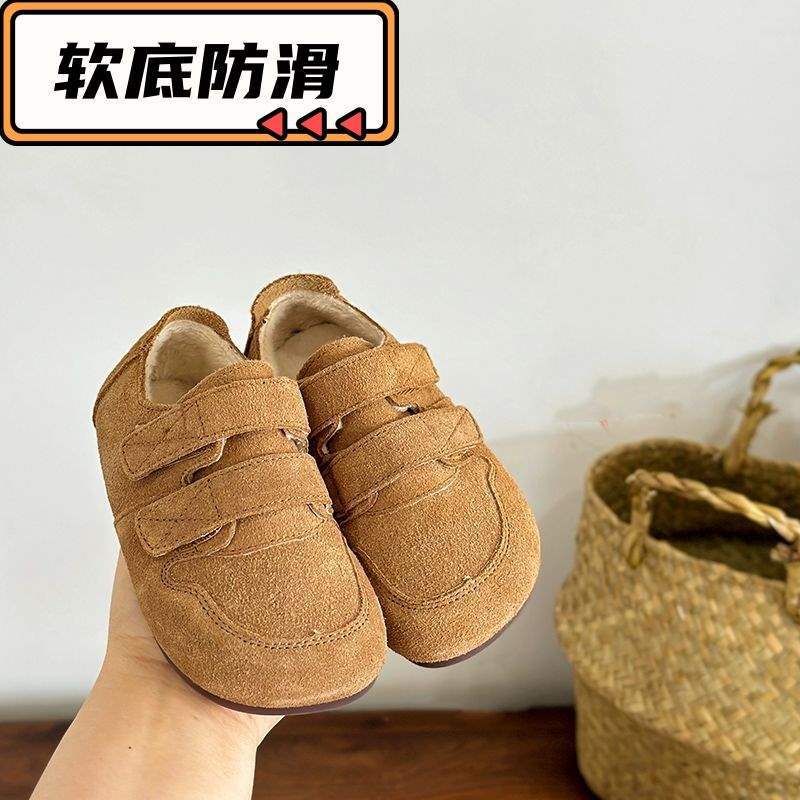 Korean Children's Birkenstocks, Boys' Winter Velvet Casual Shoes, Velcro Retro Girls' Two Cotton Shoes, Warm and Non-slip