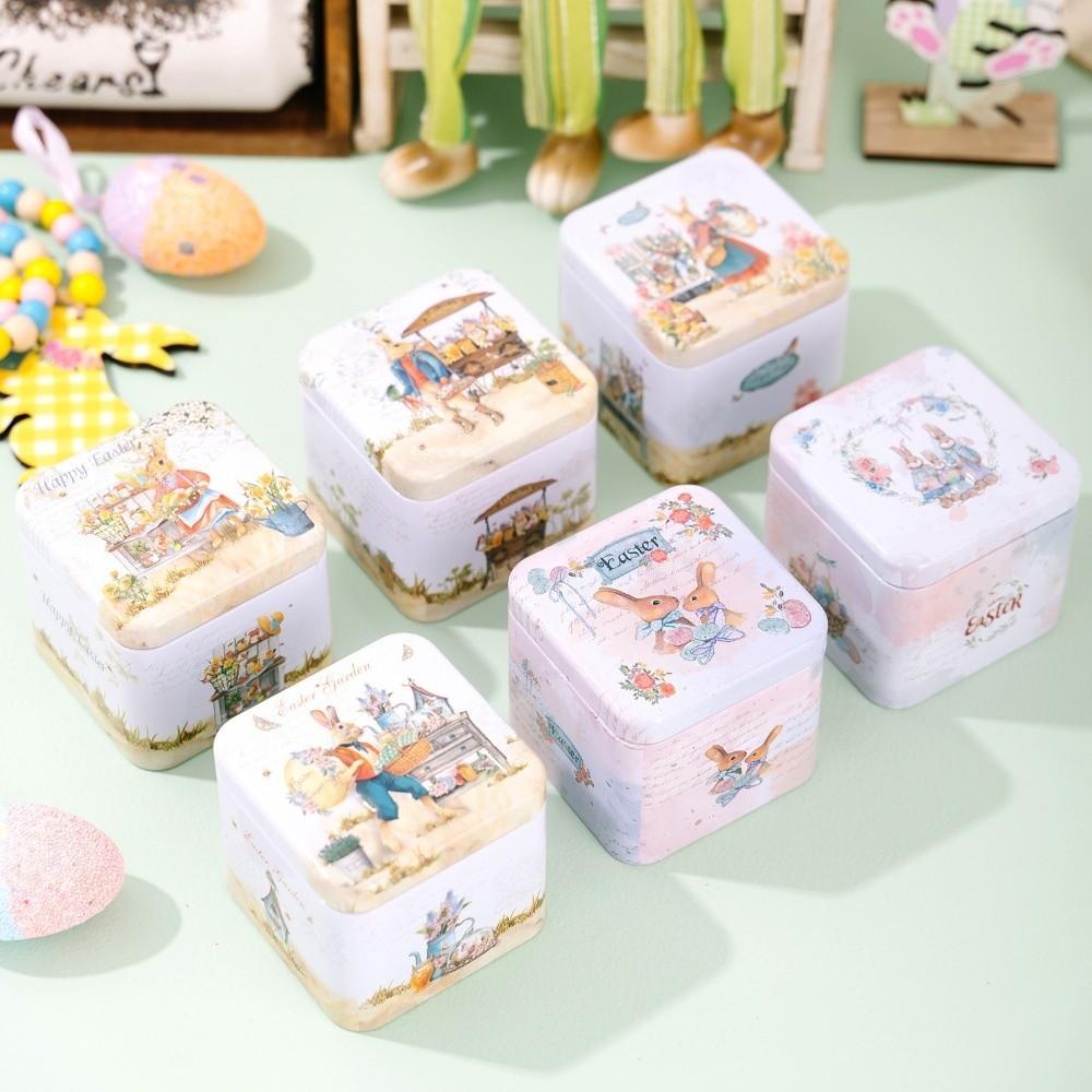 Square Shape Easter Gifts Box Iron Material Rabbit Tin Storage Box  Party Decorations