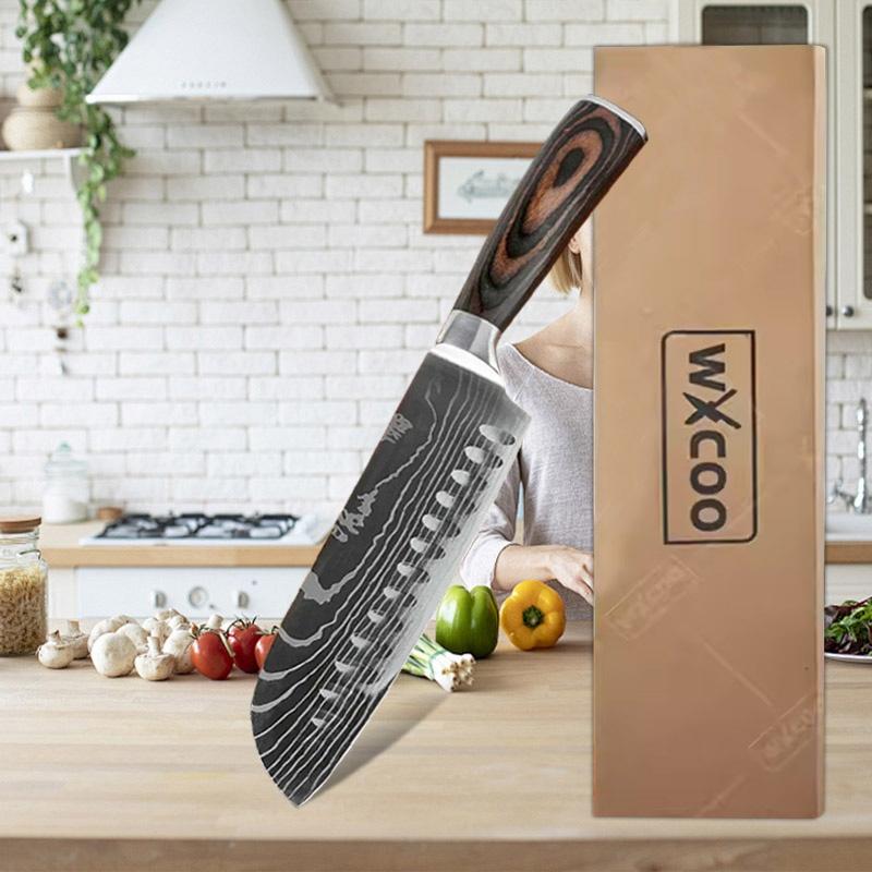 WXCOO Stainless Steel Kitchen Knife Vegetable Fruit Knife Boning Slicing Knife Japanese Fish Santoku Wooden Handle