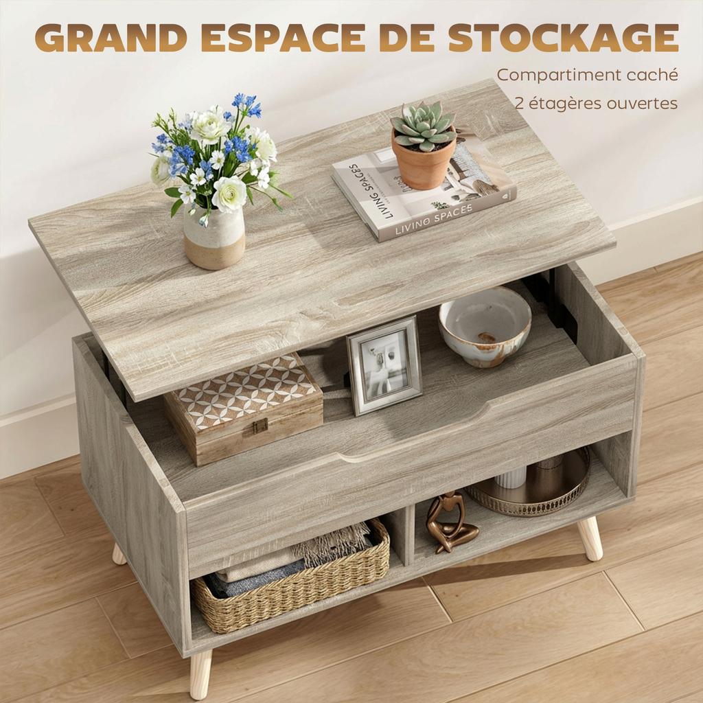 Lift-Top Coffee Table, Hidden Compartment, Open Shelves, 75 x 40 x 58 cm, Natural Wood