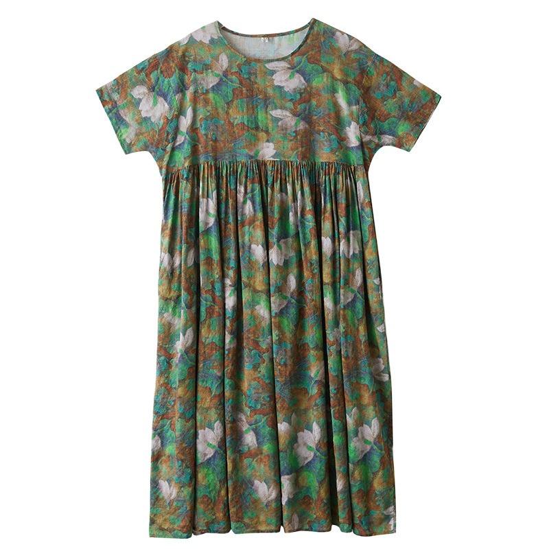 Simple Bohemian Long Dress Summer New Fattened Plus Short Sleeve Crew Neck Printed Dress Women's Clothing
