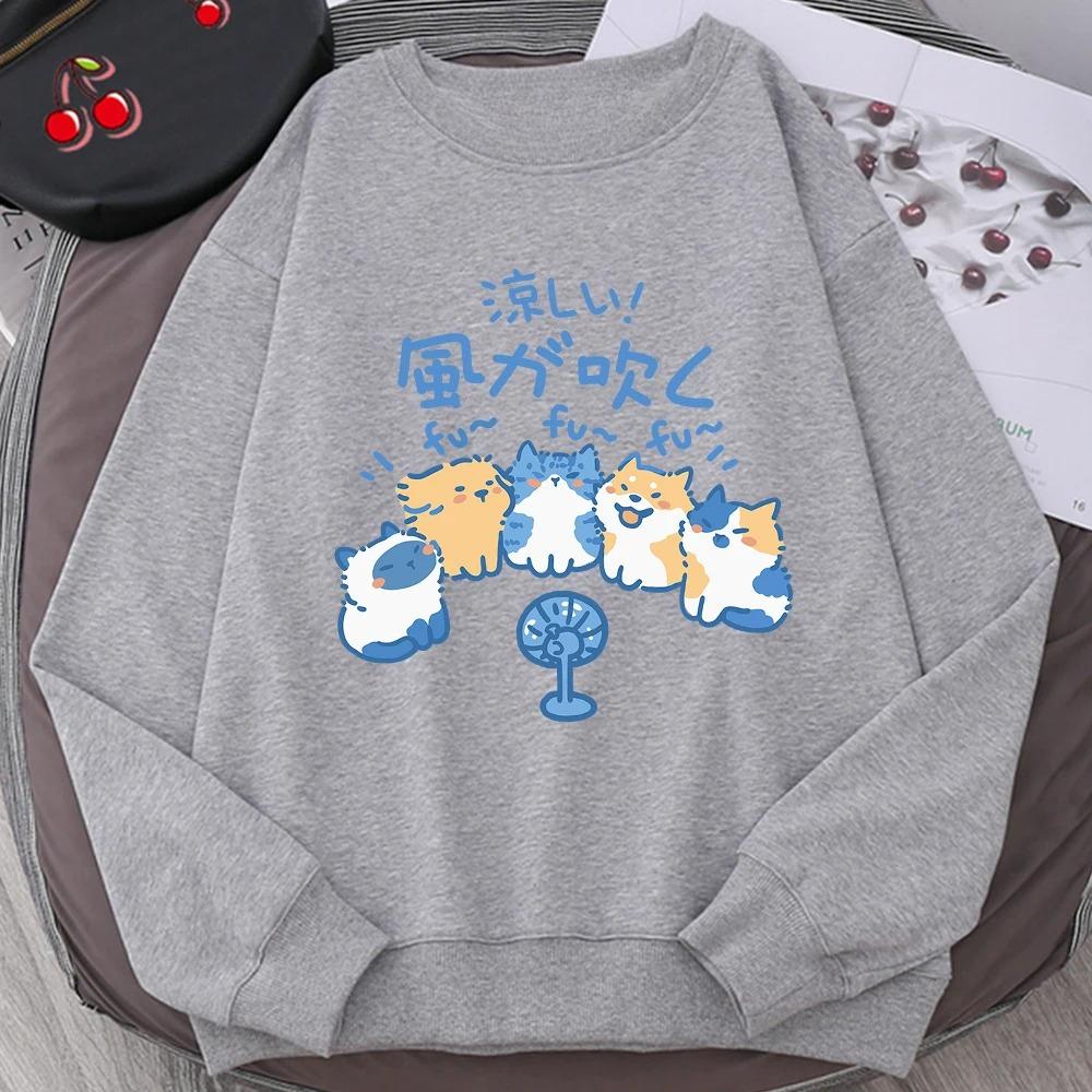 5 Cats Blowing Fans Cute Printed Sweatshirt Women Personality Casual Hoodies Crewneck Hoodies Fashion Cartoon Clothing