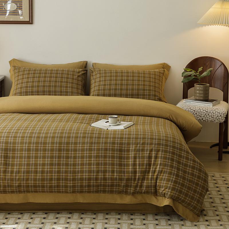 2026 Spring/Summer Men's Pure Cotton Striped 4-Piece Bedding Set: Washed Cotton Bed Sheet & Duvet Cover.