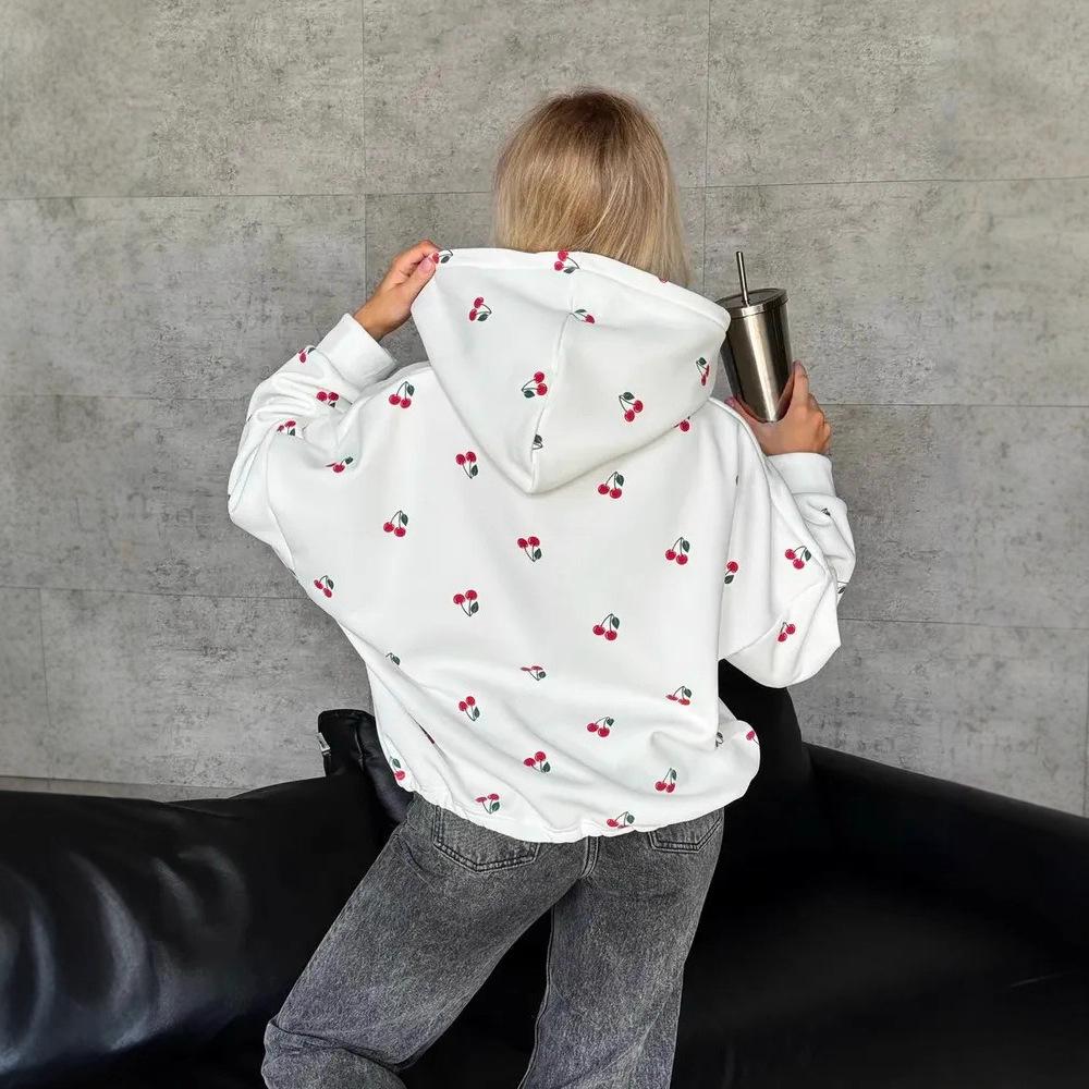 Women's Cherry Print Sweatshirt Jacket - Autumn European & American Street Style, Loose Fit, Versatile Sports Hoodie