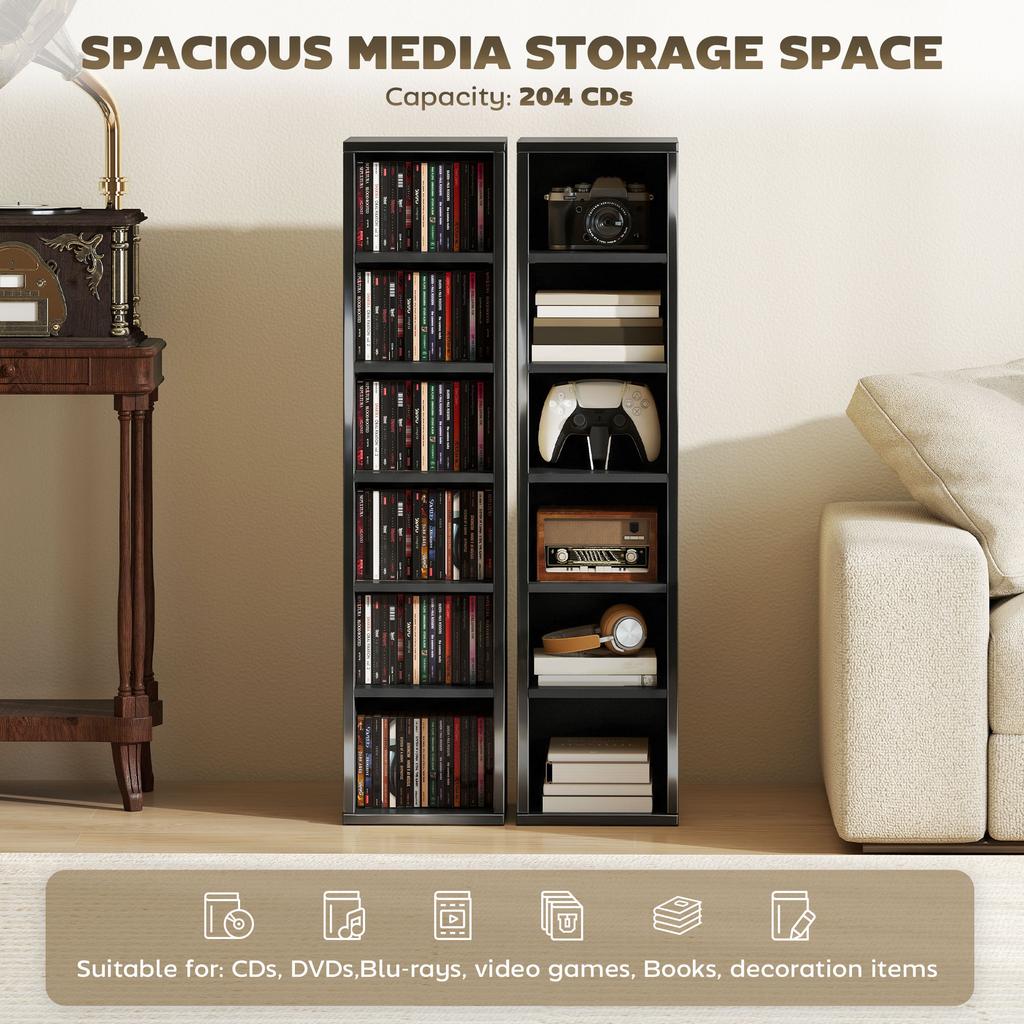 Set of 2 CD Media Display Shelf Unit Tower Rack with Adjustable Shelves, High Gloss Black