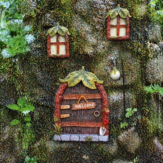 Fairy Garden Accessories 1 Set Door Windows And Lamp, Accessories, Miniature Elf Glow In The Dark Gnome House for Yard Tree Decoration Weatherproof