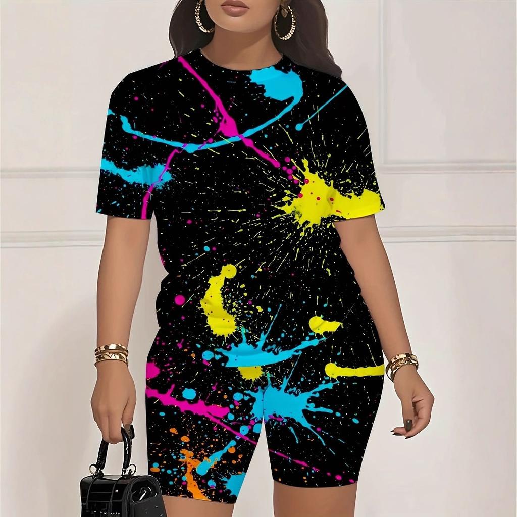 Color code European and American women's clothing painting printing T-shirt shorts set sports suit