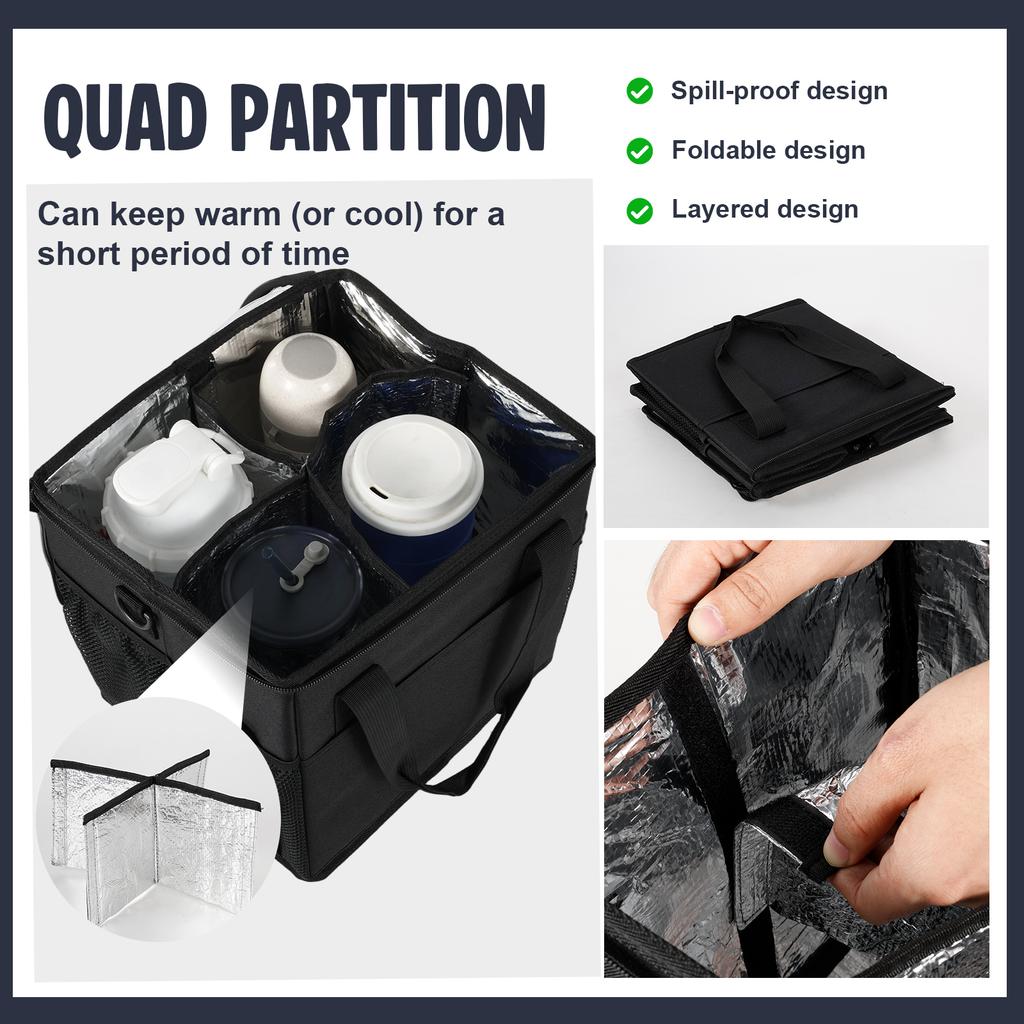 Reusable 4 Cups Drink Carrier for Delivery with Adjustable Dividers Insulated Drink Caddy Holder Bag with Multiple Pockets