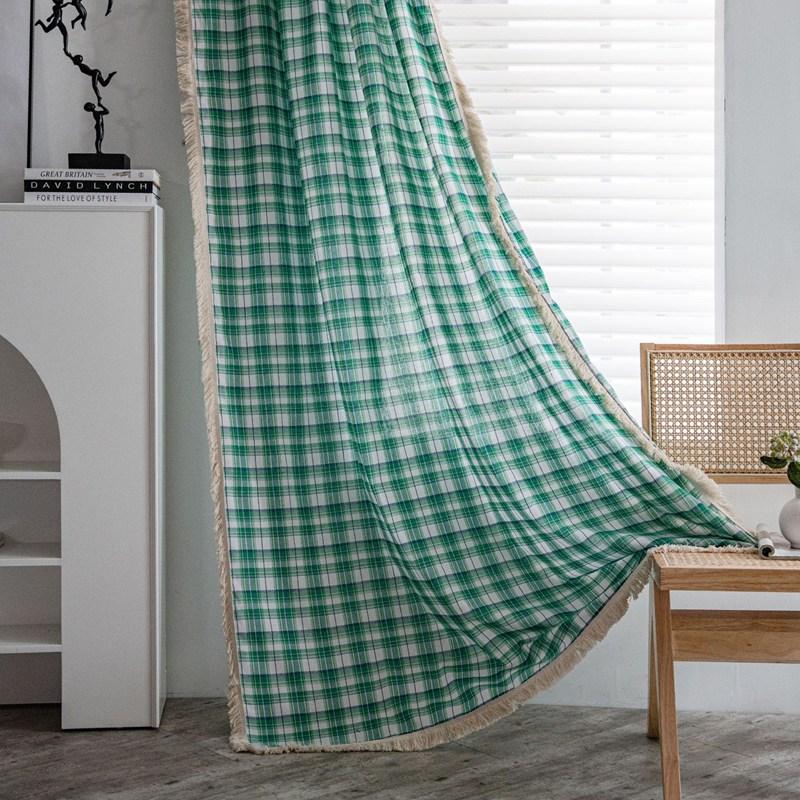 Green Plaid Yarn-dyed American Curtain Finished Kitchen Drapes Bay Window Curtain Semi-shading Living Room Bedroom Valance