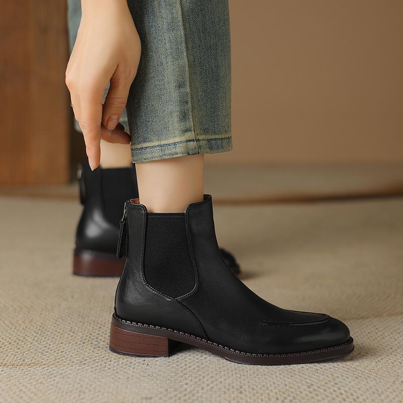 Vintage Office Lady Genuine Leather Women Ankle Boots Autumn Winter Retro Style Back Zipper Thick Heels Shoes Woman 2024 New