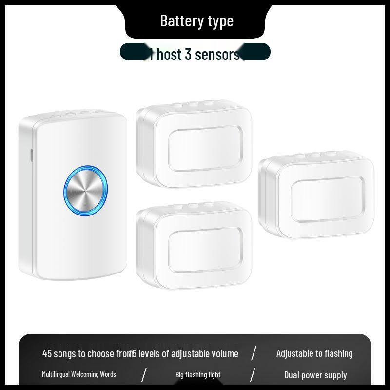Wireless Infrared Induction Alarm Welcome Doorbell White, No Batteries; 3 Sensors + 1 Receiver