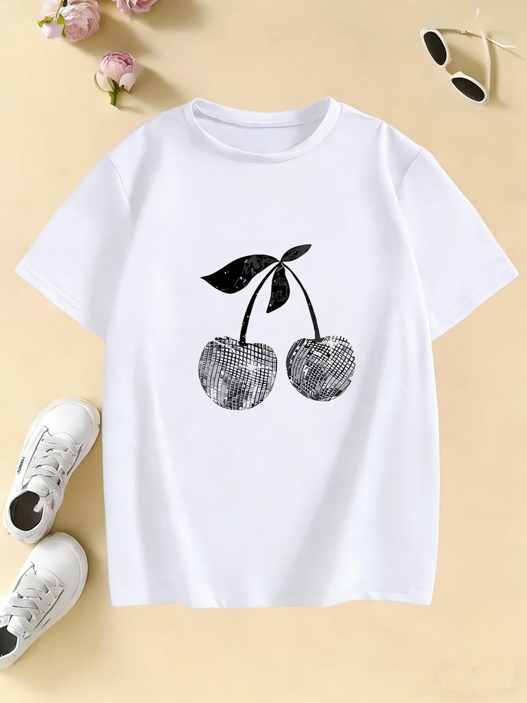 Girls Stylish Cherry T Shirts Short Sleeve Kids Childrens Tshirt Girls Summer Spring Casual Top Tee Shirt