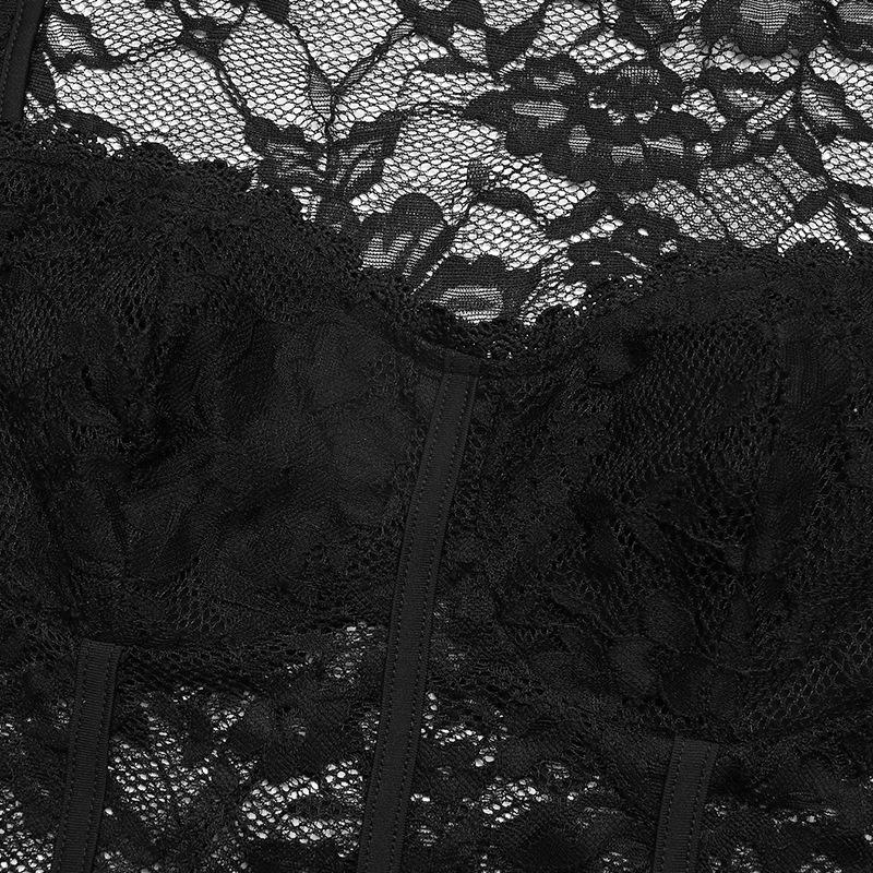 Elegant Lace Trim Bodycon Black Bodysuit with Square Neck