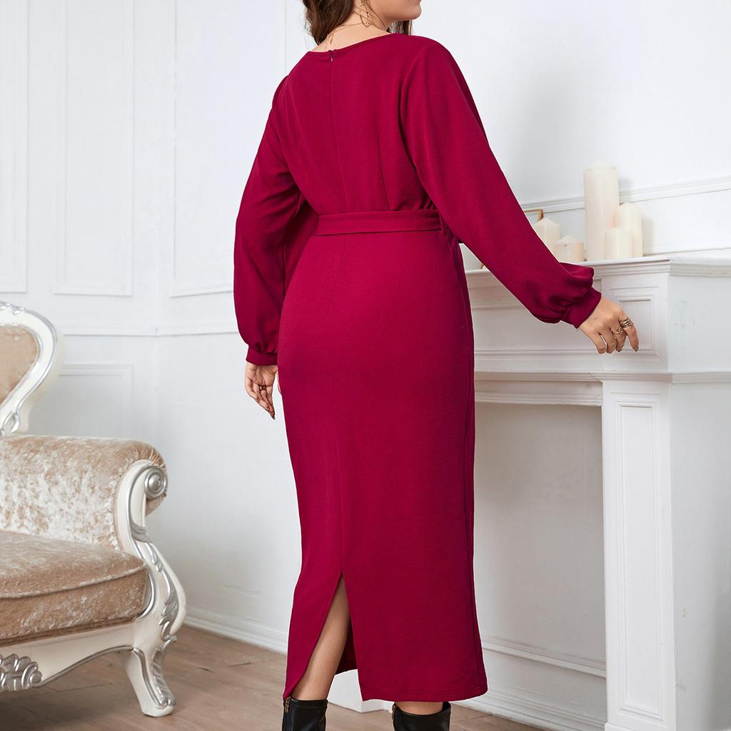 Women's Solid Long Lantern Sleeve Dress Cross Wrap Ruched V-neck Tie Waist Hem Split Long Dress Fit Basic Elegant Maxi Dress Party Club Work Dress