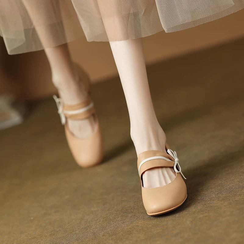Fashion Vintage Square Toe Bowknot Decoration Pu Mary Jane Shoes Women 2025 Summer Medium Heel Dress Pumps Elegant Autumn Office Pumps