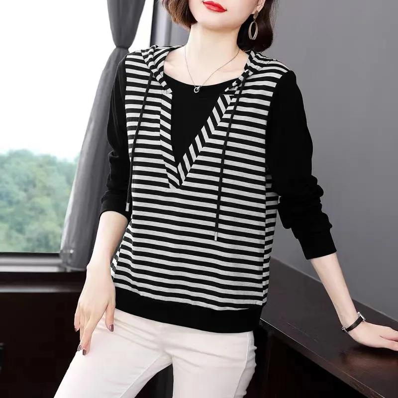 Spring Autumn Women's Casual Stripe Print Long Sleeve Hooded Blouses Mom Loose Striped Fake Two Piece Shirts