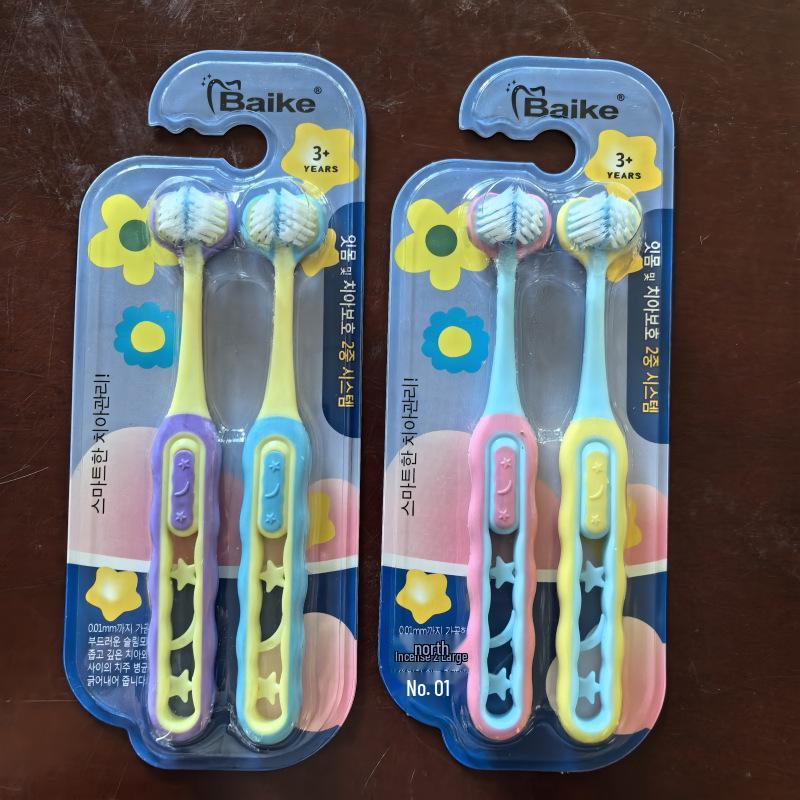 Two-Pack Three-Sided Children s Toothbrush for Ages 3-12 with Soft Bristles