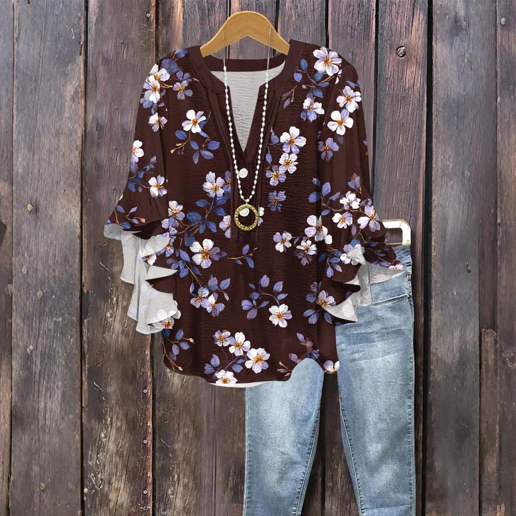 Women's Fashion Button V-Neck Ruffle Seven Sleeve Blouse Floral Printed Top