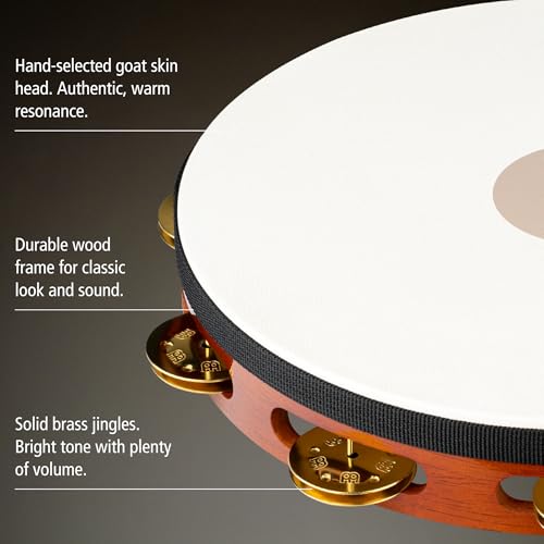 MEINL Percussion Traditional Goat-Skin Wood Tambourine with Brass Jingles, 1-Row, TAH1B-AB
