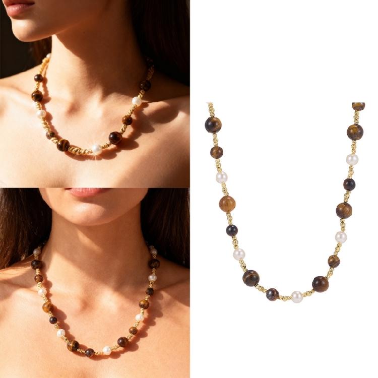 Stylish Tigers Eye Bead Necklace With Round Pearls Professional Craftsmanship Sturdy Hand strung Beaded Necklace