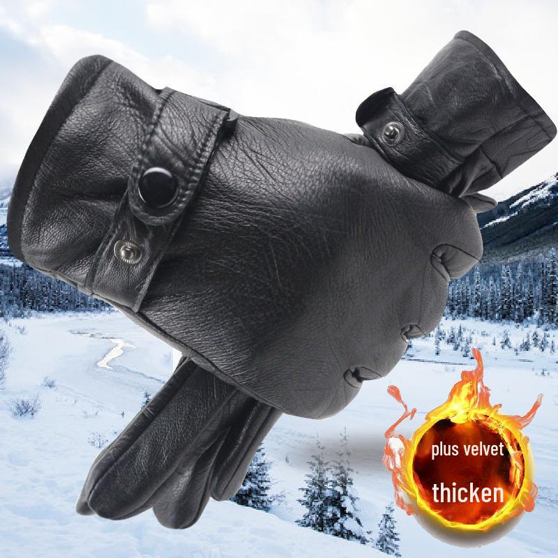 Men's Genuine Leather Winter Gloves - Windproof, Warm Sheepskin with Velvet Lining for Outdoor Sports