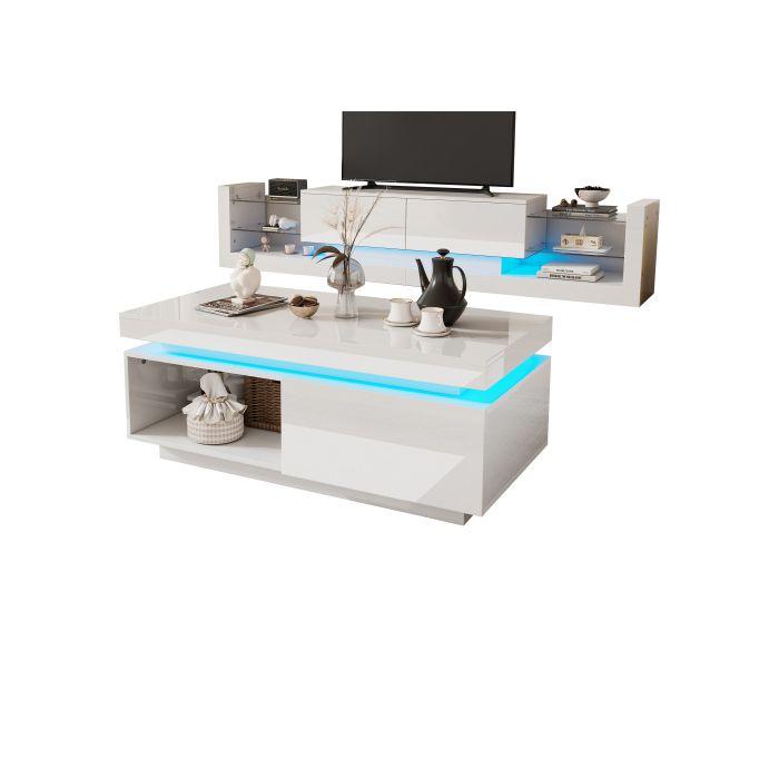 TV-Möbel + Couchtisch - MUVOE - Wandelement - Hochglanz-Finish - LED-Beleuchtung - Kompakte Maße