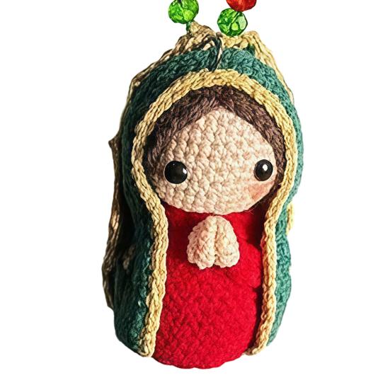 Cute Mary Statue Car Interior Decoration Handmade Crochet Virgin Mary Car Rearview Mirror Charm Religious Hanging Ornament Blessing Gift for Family