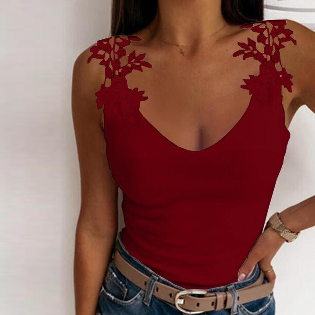 WoWomens Lace Color V-Neck Sling Blouse Strapless Summer Casual Tops