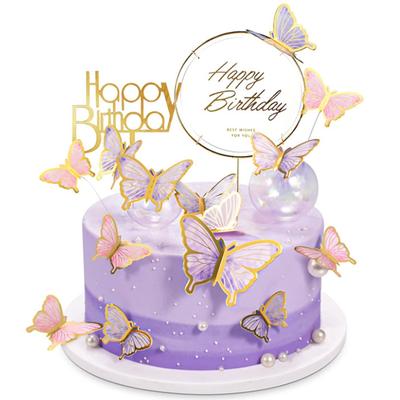 Decoración de Pastel Mariposa Rosa Púrpura Topper Feliz Cumpleaños Pintado a Mano Para Fiesta de Boda Baby Shower