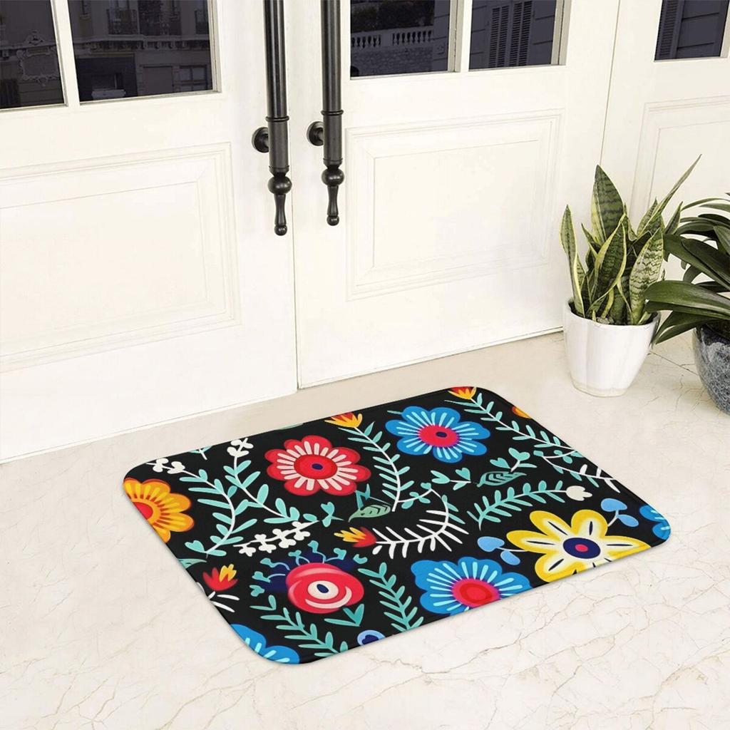 Polish Folk Art Floral Doormat – Boho Ethnic Flower Rug for Entryway Living Room Kitchen | Machine Washable Indoor Floor Mat