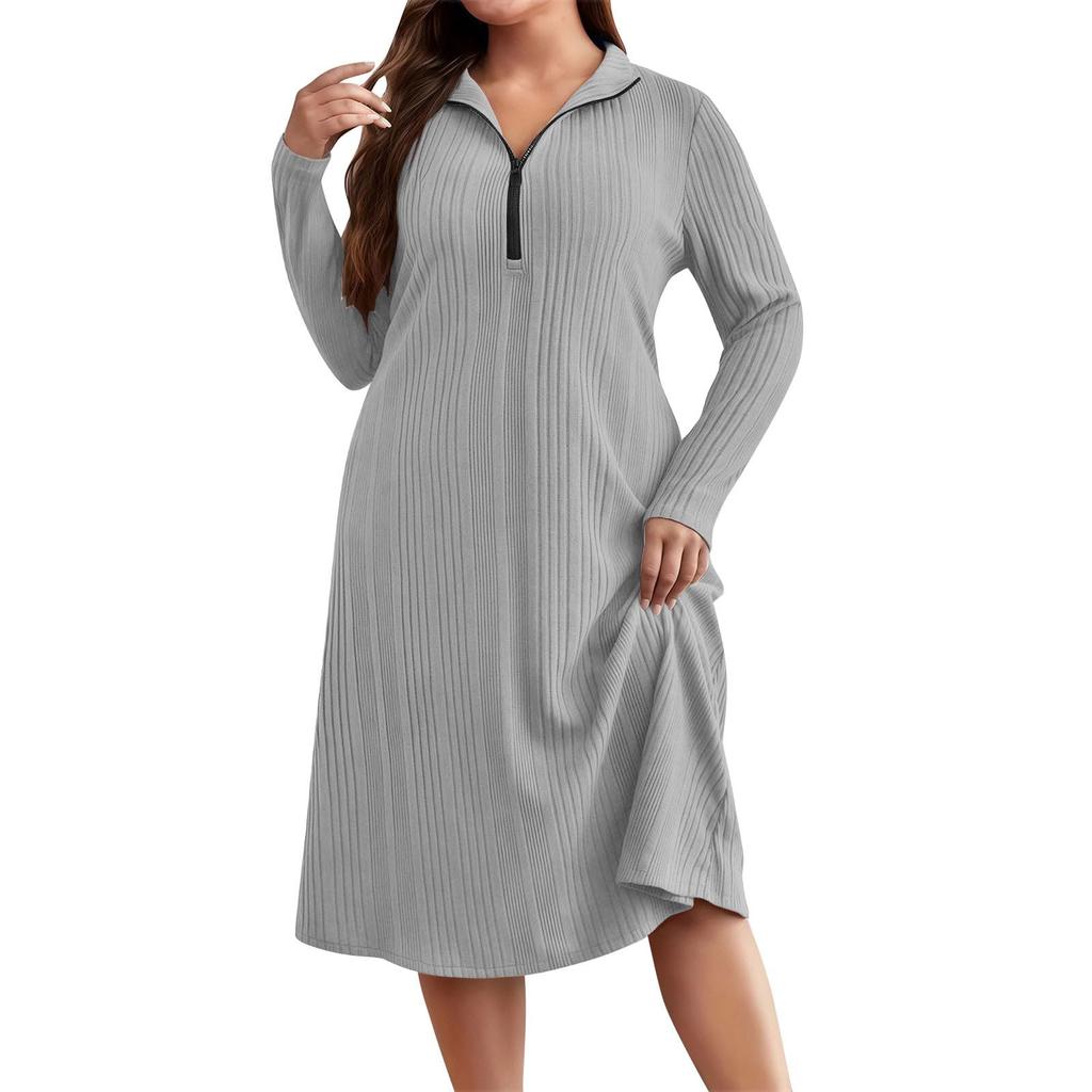 Ladies' Solid Color Elegant Zipper Round Neck Women's Stripe Dress