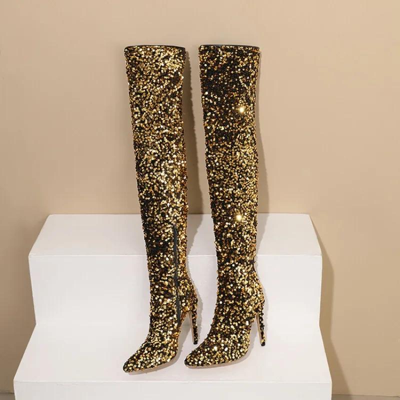 Europäische und amerikanische sexy Paillettenstoffe mit Farbverlauf, High Heels, Seitliche Reißverschlüsse, Knielange Mode-Stiefel, Damenstiefel mit dicker Sohle
