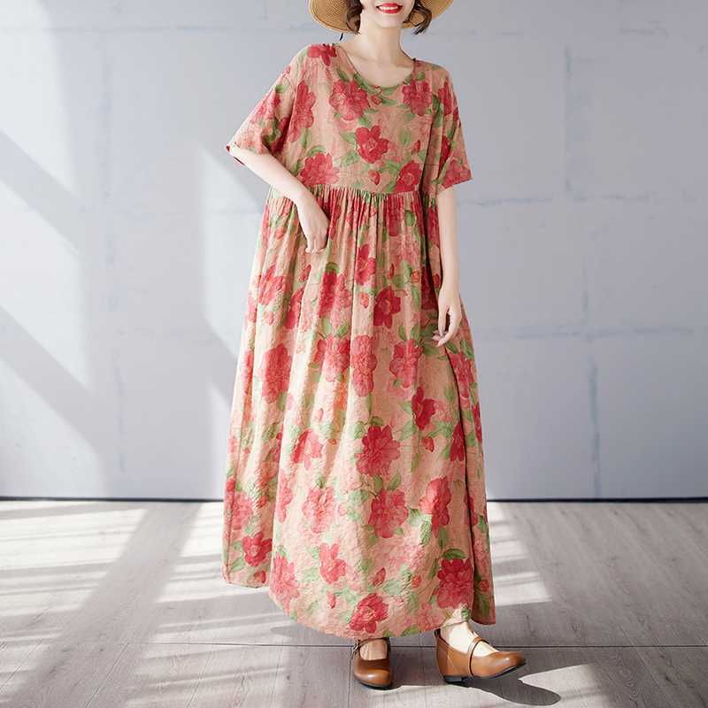 Simple and Fashionable Long Skirt Summer Short Sleeved Round Neck Printed Dress